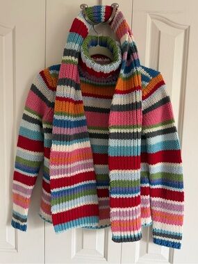 Vintage 2000 Gap holiday rainbow striped chunky knit turtleneck and scarf SET
